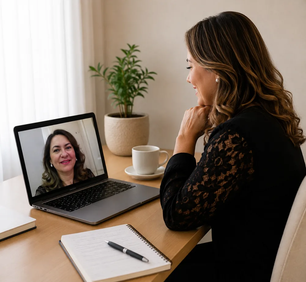 Sessão de psicoterapia online por videochamada vista na tela de um notebook